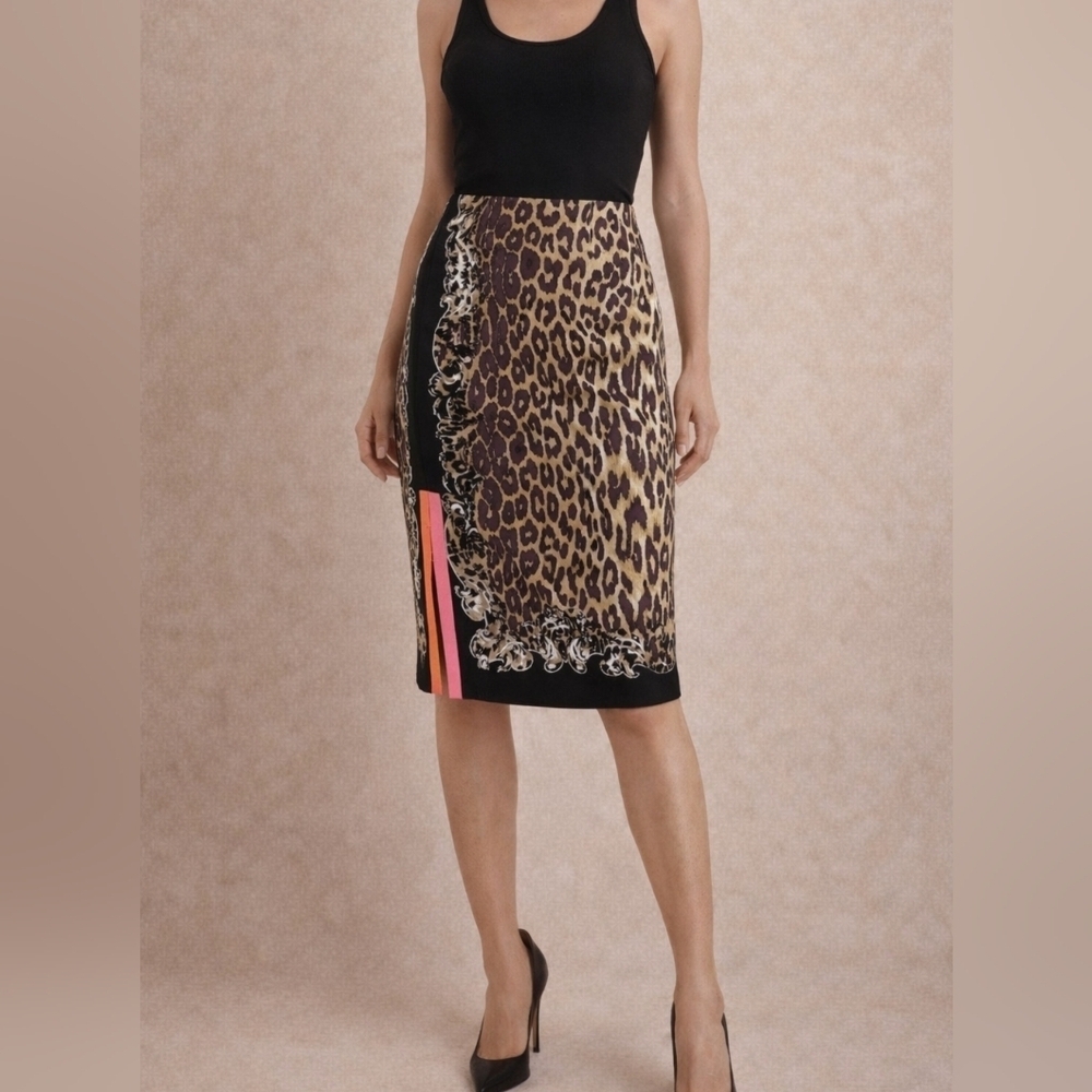 Elie Tahari Silk Leopard Print Skirt Neon Accent Tailored Pencil Skirt Size 4